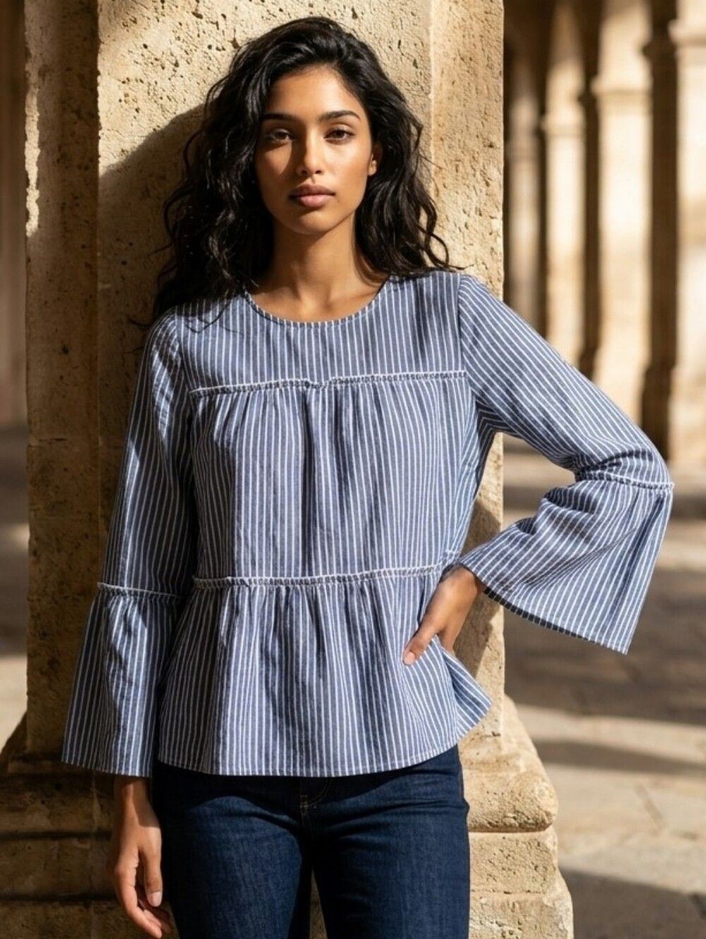 Mittoshop Chambray Blue Stripe Tiered Blouse Casual Long Sleeve Boho Womens Top